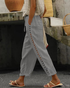 Women'S Solid Color Cotton Linen Hollow Casual Pants