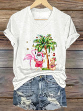 Load image into Gallery viewer, Women&#39;s Christmas Palm Tree Flamingo Print V-Neck T-Shirt