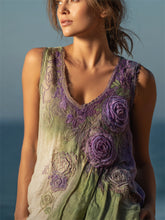 Load image into Gallery viewer, Boho Lavender Roses Fiber Art Gradient Flowy Linen Tank Top