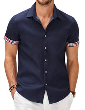 Load image into Gallery viewer, Men's Fashion Plaid Linen Patchwork Short Sleeve Shirt