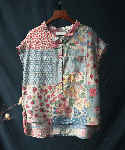 Vintage Bohemian Floral Cotton and Linen Short Sleeve Casual Shirt