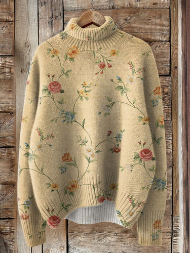 Vintage Lovely Floral Art Print Knit Turtleneck Pullover Sweater