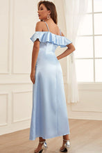 Load image into Gallery viewer, Formal Light Blue Satin Cold Shoulder Ruffle Maxi Dress