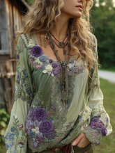 Load image into Gallery viewer, Vintage Purple Lavender And Floral Embroidered Linen Long Sleeve Shirt