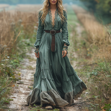 Load image into Gallery viewer, Women's Retro V-neck Country Pastoral Linen Style Long-sleeve Casual Maxi Long Dress