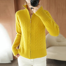 Load image into Gallery viewer, Cable-Knit Apricot Plain Zip V Neck Sweater Cardigan