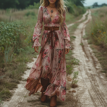 Load image into Gallery viewer, Women's Retro V-neck Floral Long-sleeve Bohemian Pastoral Style Maxi Long Dress
