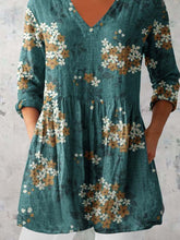 Load image into Gallery viewer, Women's Elegant Floral Pattern Round Neck Cotton and Linen Top