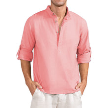 Load image into Gallery viewer, Men's Linen Henley Shirt Roll-Up Long Sleeve Plus Size Summer Shirts