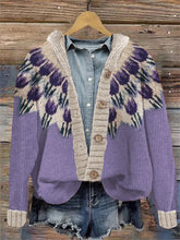 Load image into Gallery viewer, Purple Tulips Yoke Pattern Cozy Knit Hooded Isle Cardigan