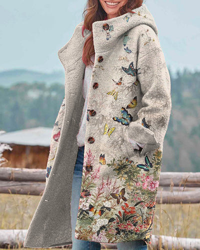 Vintage Butterfly Floral Print Hooded Long Sleeve Jacket