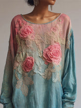 Load image into Gallery viewer, Vintage Pink Lace Rose Embroidered Gradient Linen Tunic
