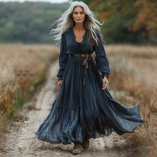 Load image into Gallery viewer, Women's Vintage V-neck Linen Long-sleeve Maxi Long Dress