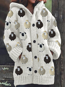 Colorful Sheep Fleece Pattern Cozy Hooded Cardigan