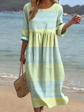 Load image into Gallery viewer, Women's Casual  Round Neck Mid Sleeve Print Cotton and Linen Dress