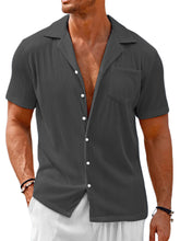 Load image into Gallery viewer, Men's Cuban Collar Pocket Solid Color Vertical Striped Pocket Short-sleeved Shirt