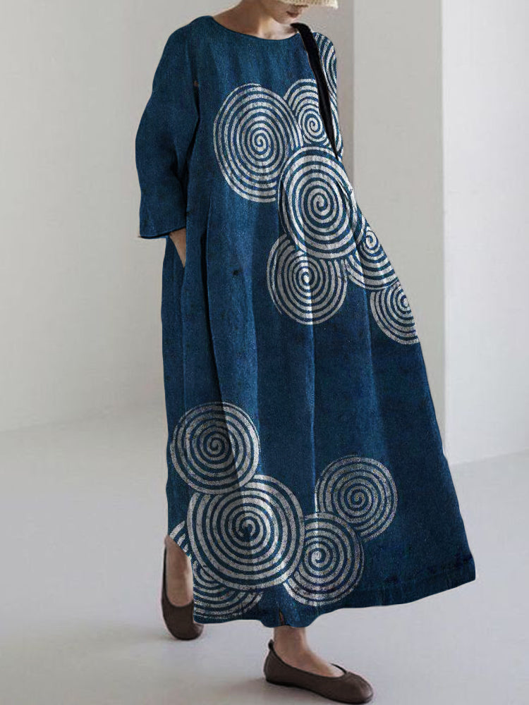 Sea Waves Ripples Japanese Lino Art Linen Blend Maxi Dress