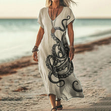 Load image into Gallery viewer, Women's Octopus Art Print Linen Blend Vintage Dress