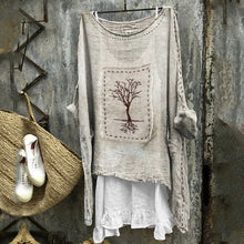 Load image into Gallery viewer, Vintage Tree Embroidered Frayed Fiber Art Linen Blend Tunic
