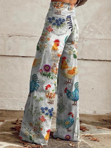 Women's Embroidery Style Farm Animals, Chickens Print Casual Wide Leg Pants