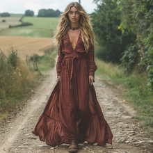 Load image into Gallery viewer, Women's Vintage V-neck Bohemian Pastoral Style Long-sleeved Maxi Long Dress