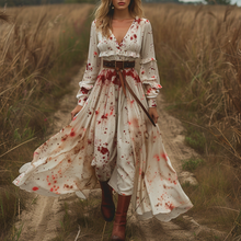 Load image into Gallery viewer, Women's Retro V-neck Linen Pastoral Halloween Style Long-sleeve Maxi Long Dress