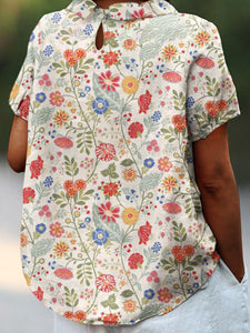 Women's  Pastoral Floral Art Print Casual Cotton And Linen Shirt