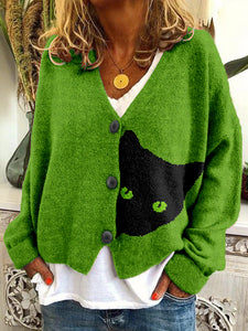 Black Cat Knit Art V Neck Cozy Button Cardigan