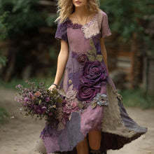 Load image into Gallery viewer, Classy Purple Patchwork And Floral Embroidered Linen Maxi Dress