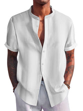 Load image into Gallery viewer, Men's Summer Stand Collar Vertical Stripe Jacquard Solid Color Short Sleeve Shirt