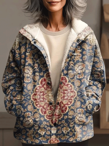 Women's Ethnic Art Print Waffle Plush Thick Long-Sleeved Hooded Coat