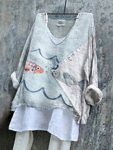 Load image into Gallery viewer, Vintage Patchwork Fish Embroidery Art Linen Blend Blouse