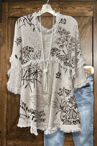 Casual Cotton Linen Fringe Floral Print Top