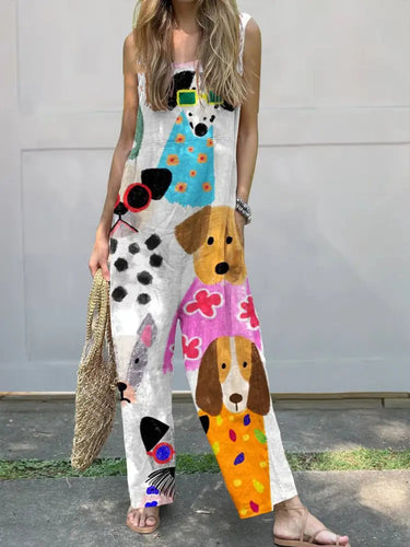 Women's Colorful Cartoon Dog Print Casual 100% Cotton Wide Leg Jumpsuit