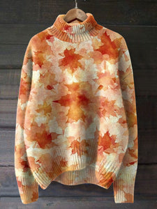 Autumn Maple Leaves Print Knit Turtleneck Pullover Sweater