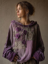 Load image into Gallery viewer, Vintage Purple Roses Fiber Art Patchwork Hoodie