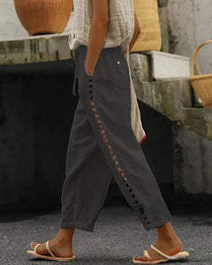 Women'S Solid Color Cotton Linen Hollow Casual Pants