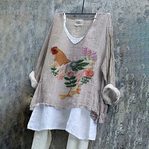 Vintage Floral Chicken Embroidery Pattern Farmer Cozy Linen Blend Shirt