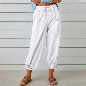 High Waisted Button Cotton Linen Wide Leg Cropped Pants