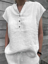 Load image into Gallery viewer, Greattioa-Cotton Linen Shirt Ladies Casual V-Neck Button Short Sleeve Solid Color Top