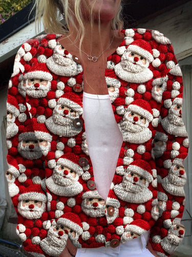 Santa Christmas Art Print Buttoned Cardigan Sweater