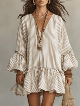 Load image into Gallery viewer, Sand Stripe Ruffled Boho Mini Dress