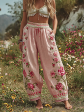Load image into Gallery viewer, Women's Patchwork Rose Floral Contrast Waist Elastic Pocket Pants