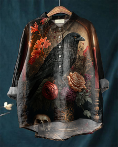 Halloween Crow Skull Floral Pattern Cotton and Linen Casual Shirt