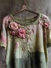 Load image into Gallery viewer, Vintage Pink Roses Cottage Patchwork Linen Tunic