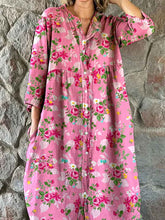 Load image into Gallery viewer, Women's Elegant Rose Floral Print Shirt Style Cotton and Linen Dress