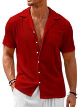 Load image into Gallery viewer, Men's Cuban Collar Pocket Solid Color Vertical Striped Pocket Short-sleeved Shirt