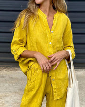 Load image into Gallery viewer, Casual Solid Color V-Neck Shirt &amp; Pants Cotton Linen Two-Piece Set