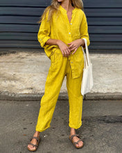 Load image into Gallery viewer, Casual Solid Color V-Neck Shirt &amp; Pants Cotton Linen Two-Piece Set