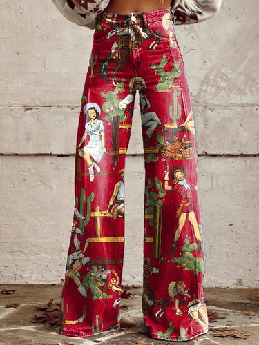 Women's Retro Western Floral Casual Wide Leg Pants